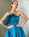 A Line Peacock Blue Satin Long Prom Dresses, Strapless Formal Evening Dresses IN1959