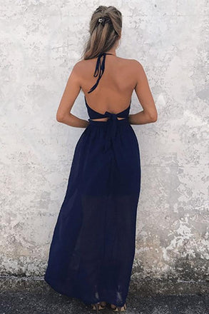 A-Line Halter Floor-Length Backless Navy Blue Chiffon Prom Dress IN811