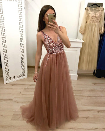 A Line V Neck Tulle Long Beaded Prom Dress, Cheap Evening Gown INH57