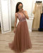 A Line V Neck Tulle Long Beaded Prom Dress, Cheap Evening Gown INH57