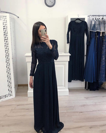 Elegant A Line Long Sleeve Chiffon Navy Blue Appliques Prom Dresses INH58