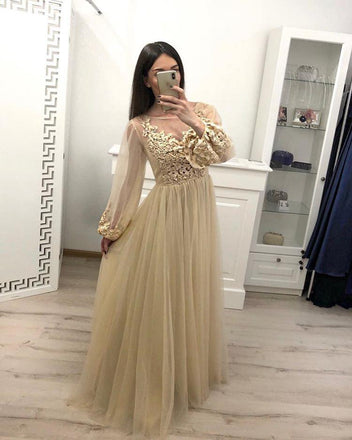 Stunning A Line Long Sleeve Tulle Appliques Prom Dresses INH59