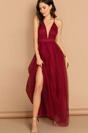 A Line V Neck Spaghetti Straps Long Chiffon Burgundy Prom Dresses INS89