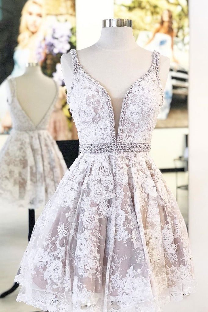 Cute V Neck Lace Short Prom Dress Beaded A Line Homecoming Dress INP40