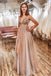 A Line Tulle V Neck Applqiues Prom Dresses With Slit INQ3