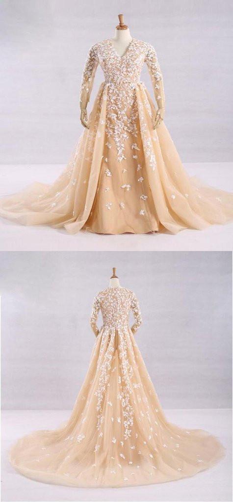 Pretty A-Line V-Neck Long Sleeves Tulle Appliques Floor Length Prom Dresses ING32