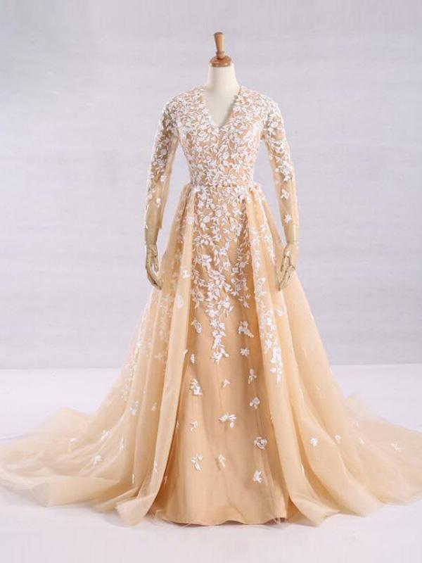 Pretty A-Line V-Neck Long Sleeves Tulle Appliques Floor Length Prom Dresses ING32