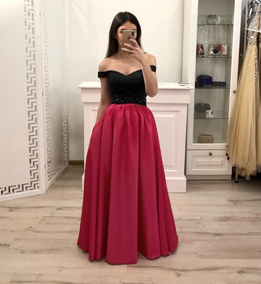 Hot Pink Satin Long Prom Gown With Pockets, Simple Beaded Evening Dresses With Black Top INI14