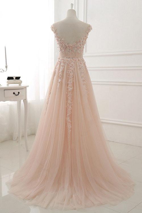 Round Neck Lace Appliques Prom Dresses,Tulle A Line Evening Dress IN427