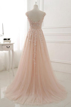 Round Neck Lace Appliques Prom Dresses,Tulle A Line Evening Dress IN427