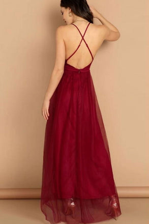 A Line V Neck Spaghetti Straps Long Chiffon Burgundy Prom Dresses INS89