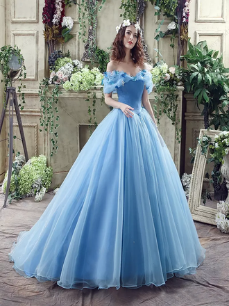 Princess Ball Gown Off Shoulder Blue Long Prom Dress,Quinceanera Dresses ING46