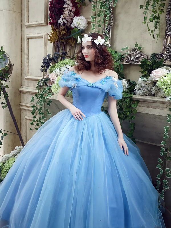 Princess Ball Gown Off Shoulder Blue Long Prom Dress,Quinceanera Dresses ING46