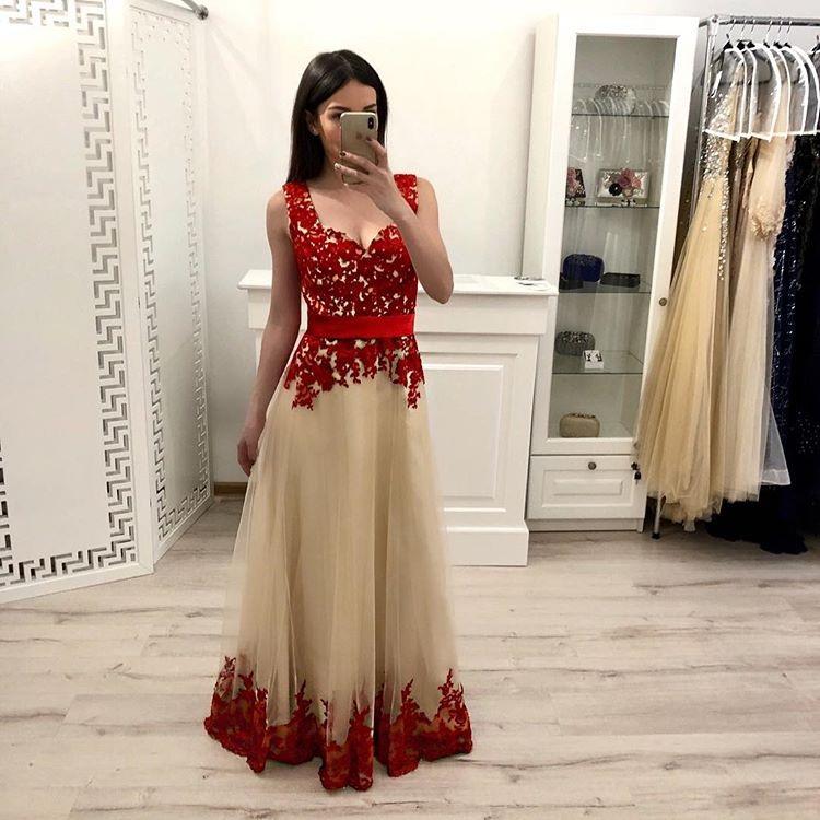 A Line Tulle Long Prom Dress With Red Appliques,Junior Party Prom Dresses INI15