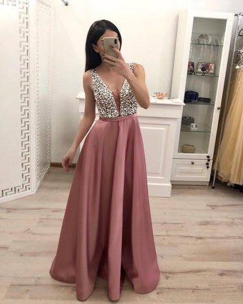 A Line Beading Satin Prom Dresses, V Neck Sleeveless Cheap Prom Dress INI16