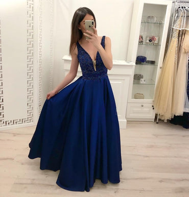 Royal Blue Beading A Line Satin Prom Dress, Cheap Long Evening Dresses INI17