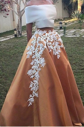 A Line Off the Shoulder Lace Appliques Two Pieces Cheap Prom Dress ING11