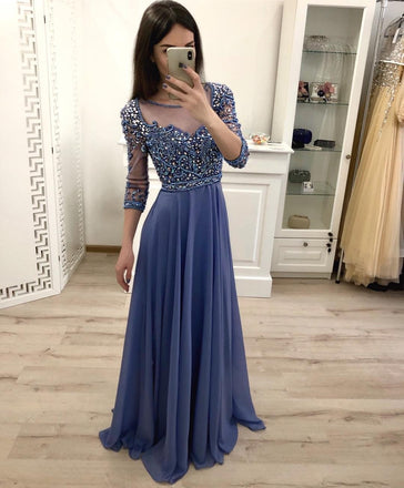 Chiffon A Line 3/4 Sleeves Beaded Blue Long Prom Dresses, Formal Party Dress INI18