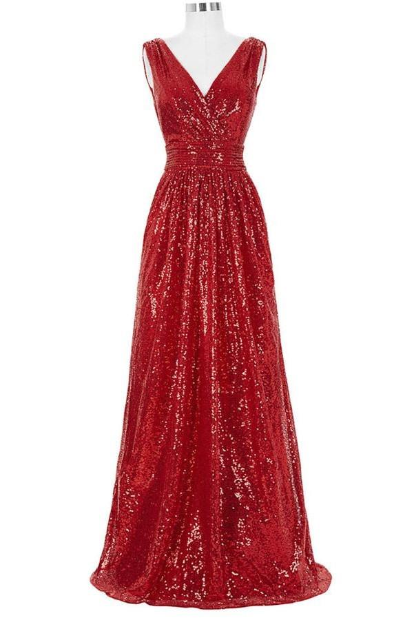 Red Sparkly V-neck Long A-line Backless Cheap Plus Size Prom Dresses K742