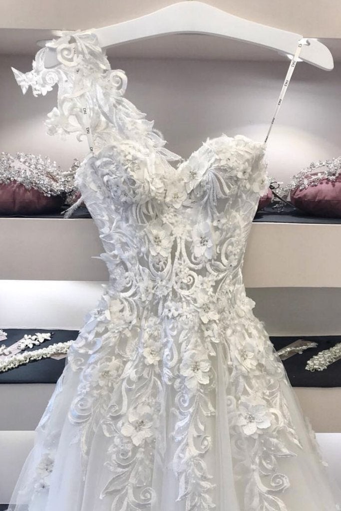 Sweetheart Lace Applique Long Prom Dress, Off White Evening Dress INE25