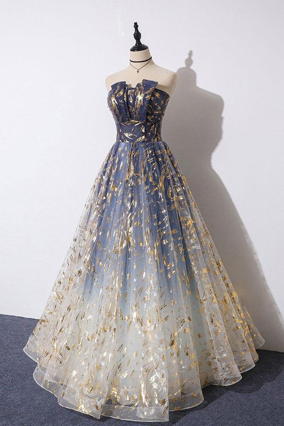 Unique A Line Strapless Ombre Long Prom Dresses Stunning Party Dresses INS59