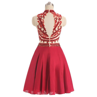 stunning High Neck open-back Beaded Sexy Short Red Keyhole Back Homecoming Dresses IN277
