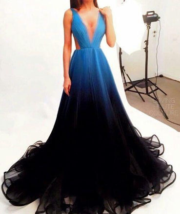 stunning Black Blue Gradient Tulle Long Evening Party Dress,A Line V-neck Prom Dresses IN245