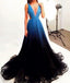 stunning Black Blue Gradient Tulle Long Evening Party Dress,A Line V-neck Prom Dresses IN245
