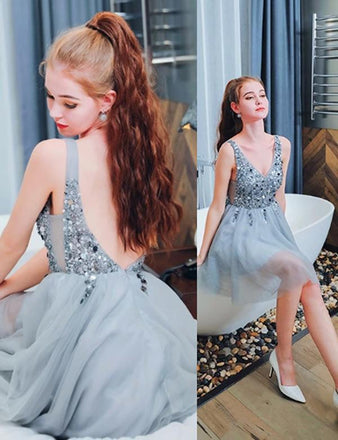 Bling A Line V Neck Light Blue Short Homecoming Dresses With Beading INO42