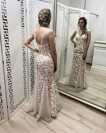 Mermaid Flowers V Neck Prom Dresses, Fashion Long Evening Dress INJ17