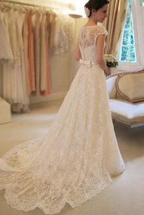 Cap Sleeve Lace A Line Long Affordable Wedding Dresses INC70