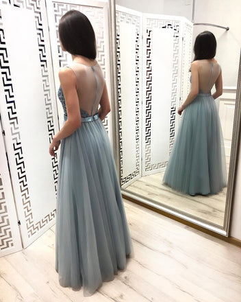 A Line Tulle Floor Length Prom Dresses Beaded Long Evening Dress INJ22