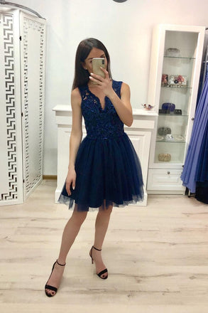 Dark Blue A Line V Neck Prom Dresses, Tulle Short Homecoming Dress INJ21