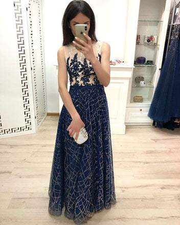 A Line Dark Blue Long Prom Dresses, Sequins Sleeveless Evening Dress INJ19