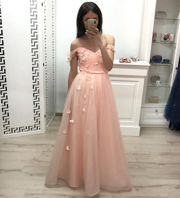 A Line Off the Shoulder Long Prom Dresses, Pleats Prom Gown With Flowers INJ20