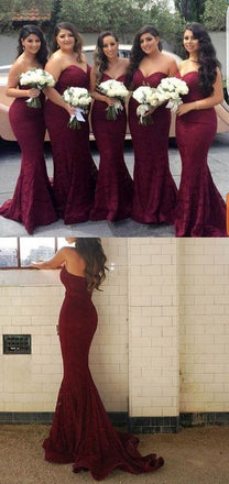 Elegant Sweetheart Strapless Burgundy Lace Mermaid Cheap Long Bridesmaid Dresses IN443