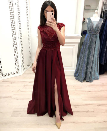 Burgundy A Line Cap Sleeves Prom Dresses, Long Beading Slit Prom Gown INK28