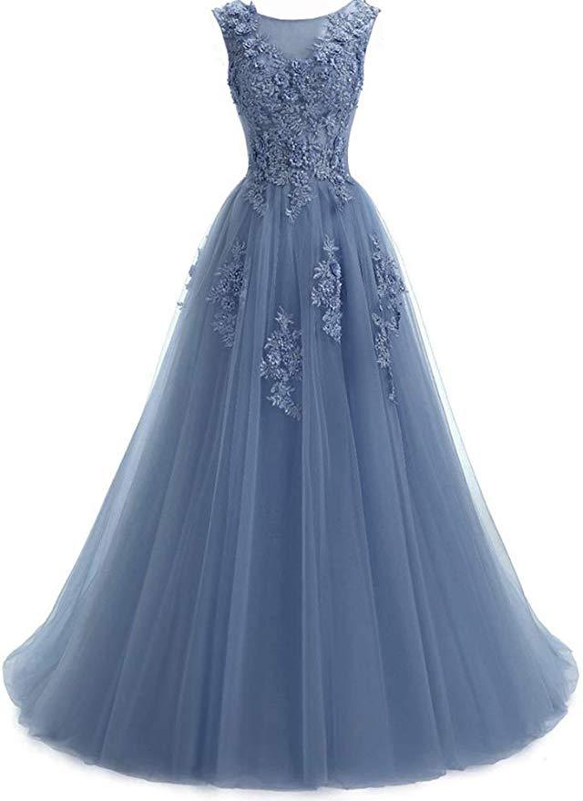 A Line Round Neck Lace Appliques Floor Length Prom Dress INR11