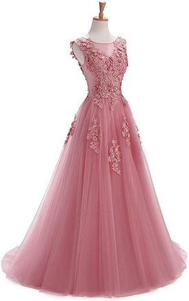 A Line Round Neck Lace Appliques Floor Length Prom Dress INR11