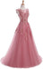 A Line Round Neck Lace Appliques Floor Length Prom Dress INR11