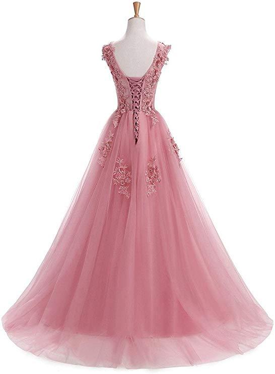 A Line Round Neck Lace Appliques Floor Length Prom Dress INR11
