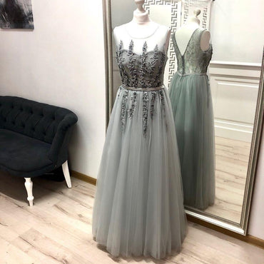 Gray A Line Tulle Appliques Prom Dresses, Long Cheap Prom Gown INK29