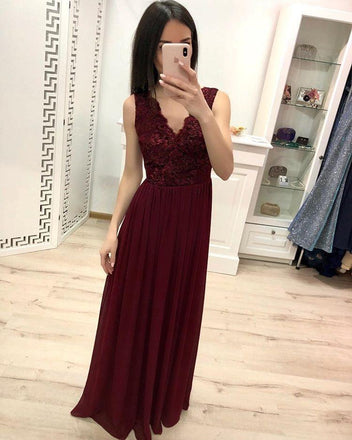 Burgundy Chiffon Lace Appliques Prom Dresses, Long Cheap Prom Gown INK30