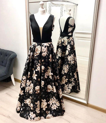 A Line V Neck Floral Prom Dresses, Long Black Prom Gown INK27