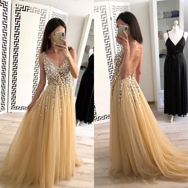 Charming A Line Tulle V Neck Floor Length Prom Dresses Beads Sequins INJ24