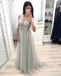 A Line V Neck Short Sleeves Prom Dresses, Long Tulle Prom Gown INK26