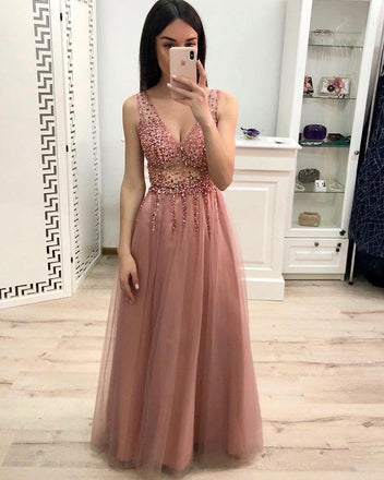 New A Line V Neck Beading Prom Dresses, Long Tulle Prom Dress INK23