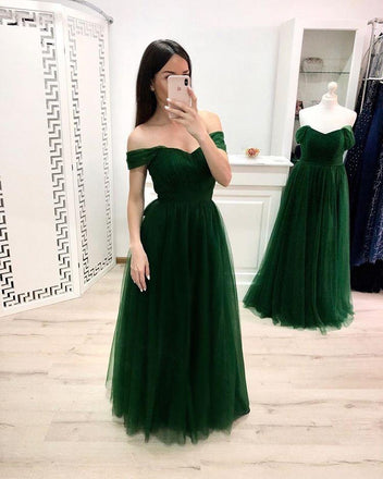 Simple A Line Off the Shoulder Prom Dresses, Long Tulle Green Prom Dress INK25