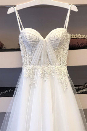 White Spaghetti Straps Tulle Lace Appliques Long Prom Dresses Evening Dress INS64