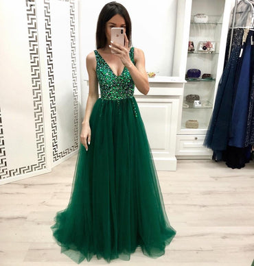 Fashion A Line V Neck Beading Prom Dresses, Long Tulle Green Prom Dress INK24